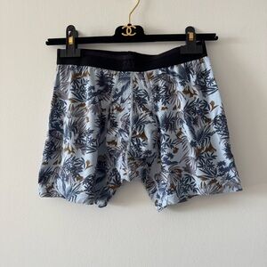 Men’s SAXX boxer brief underwear size small blue with tropical leaf print design